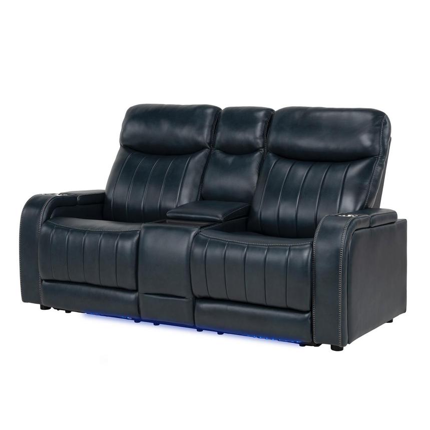 Neptune Blue Leather Power Reclining Sofa w/Console | El Dorado Furniture