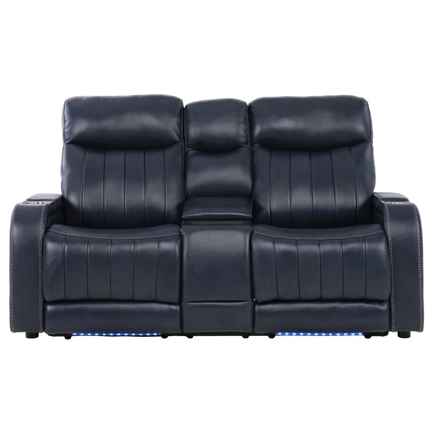 Neptune Blue Leather Power Reclining Sofa w/Console  main image, 1 of 16 images.