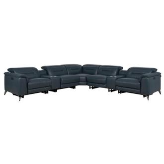 Anabel 2.0 Blue Leather Power Reclining Sectional with 7PCS/3PWR