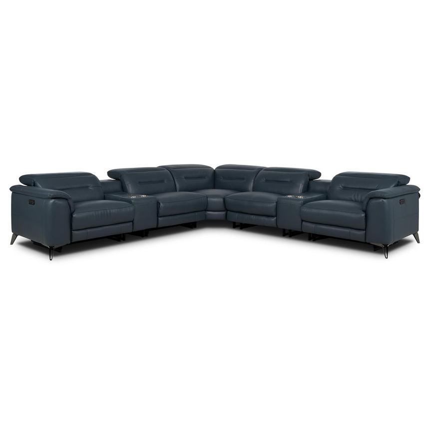 Anabel 2.0 Blue Leather Power Reclining Sectional with 7PCS/3PWR main image, 1 of 13 images.