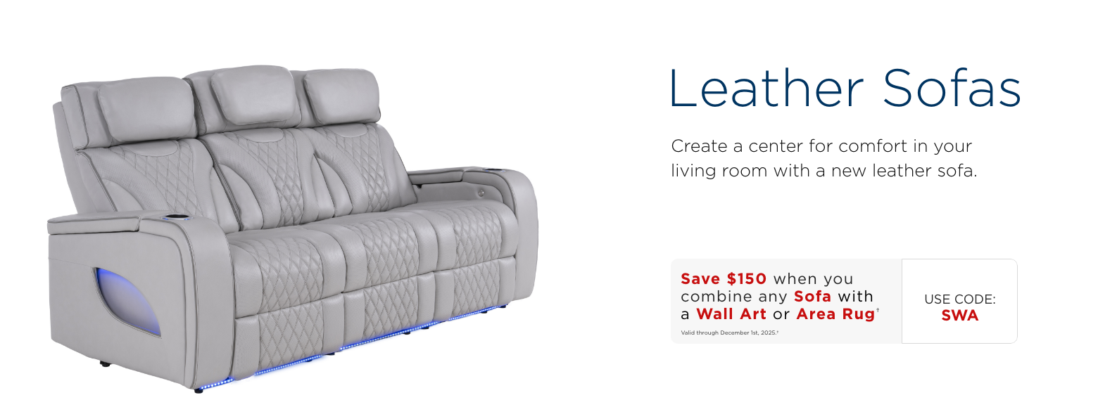 Leather sofas. Create a center for comfort in your living room with a new leather sofa.Save $150 when you combine any Sofa with a Wall Art or Area Rug†Valid through December 1st, 2025.†USE CODE: SWA