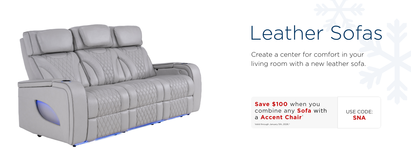 Leather sofas. Create a center for comfort in your living room with a new leather sofa.Save $100 when you combine any sofa & accent chairValid through January 5th, 2025.†USE CODE: SNA