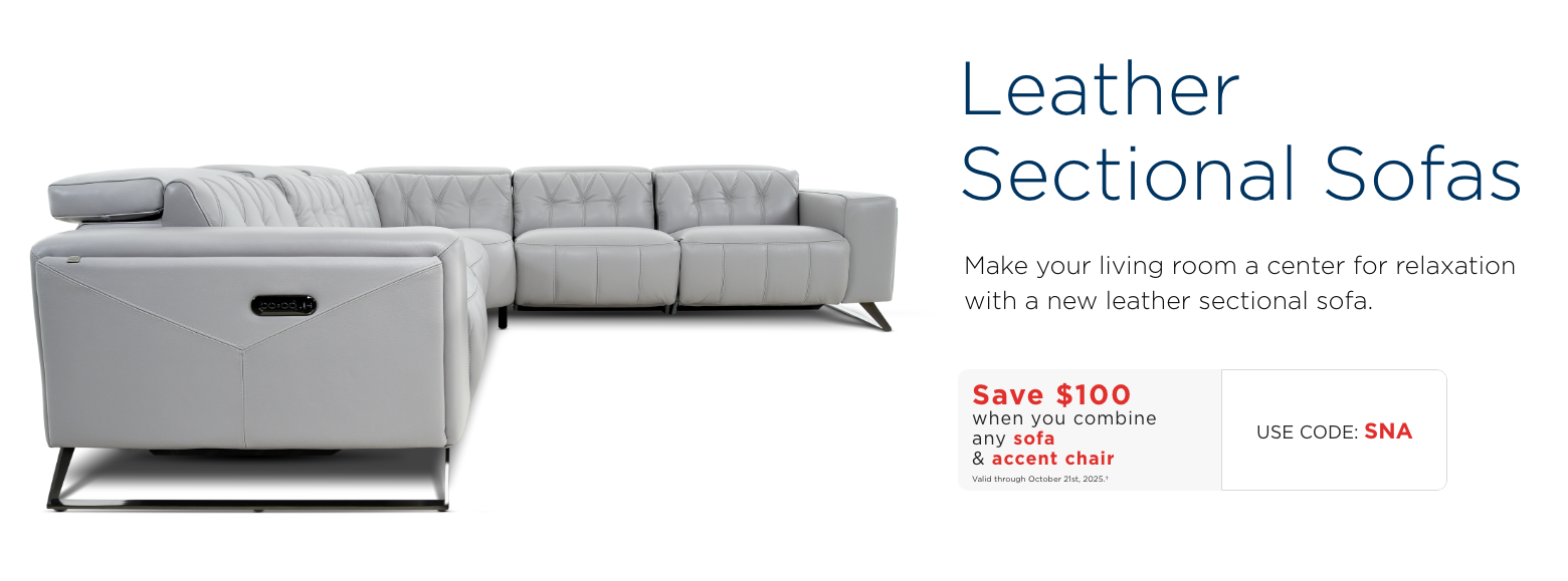 Leather sectionals. Make your living room a center for relaxation with a new leather sectional sofa.Save $100 when you combine any sofa & accent chairValid through October 21st, 2025.†USE CODE: SNA